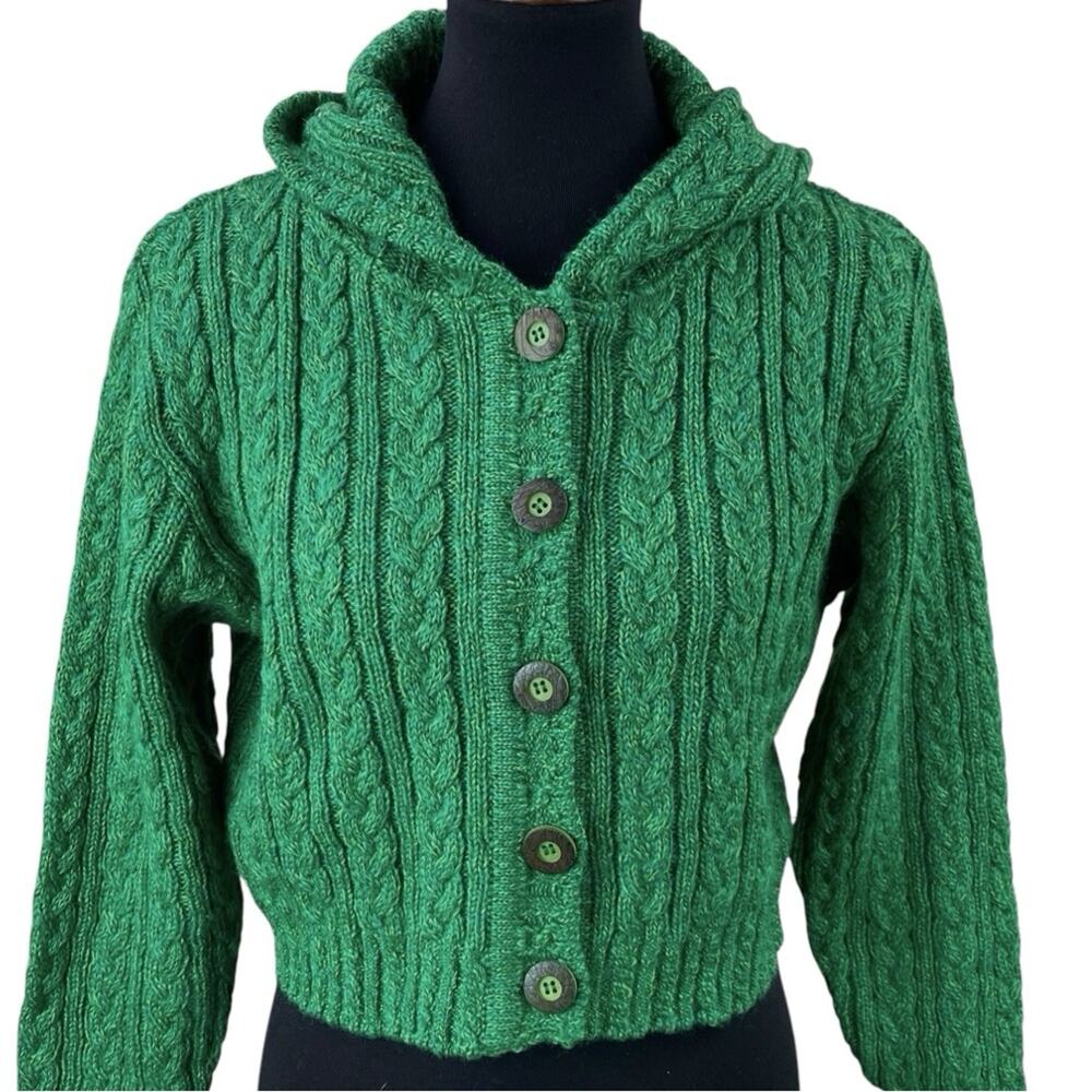 Prankish Flandre Wool Cable Knit Cardigan Sweater Hooded Size M Green Cropped